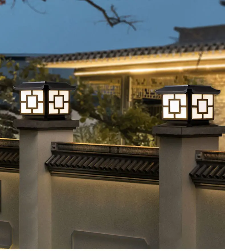 Stile cina per esterno Ip65 Led cancello pilastro decorativo di illuminazione a forma quadrata a energia solare Post tappo luce pilastro lampada