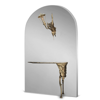Table console mystique Living Room Boulevards avec miroir et lampe, art mural sculptural alliant laiton doré, le bois et l'acier inoxydable