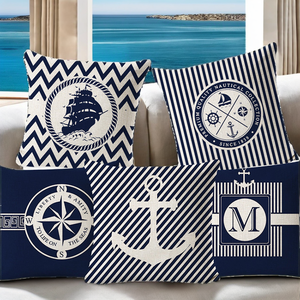 Housse de coussin carrée tissée style méditerranéen avec ancre de bateau et étoile de mer, en lin, pour canapé, usage nautique, maison et hôtel - Product Image 2
