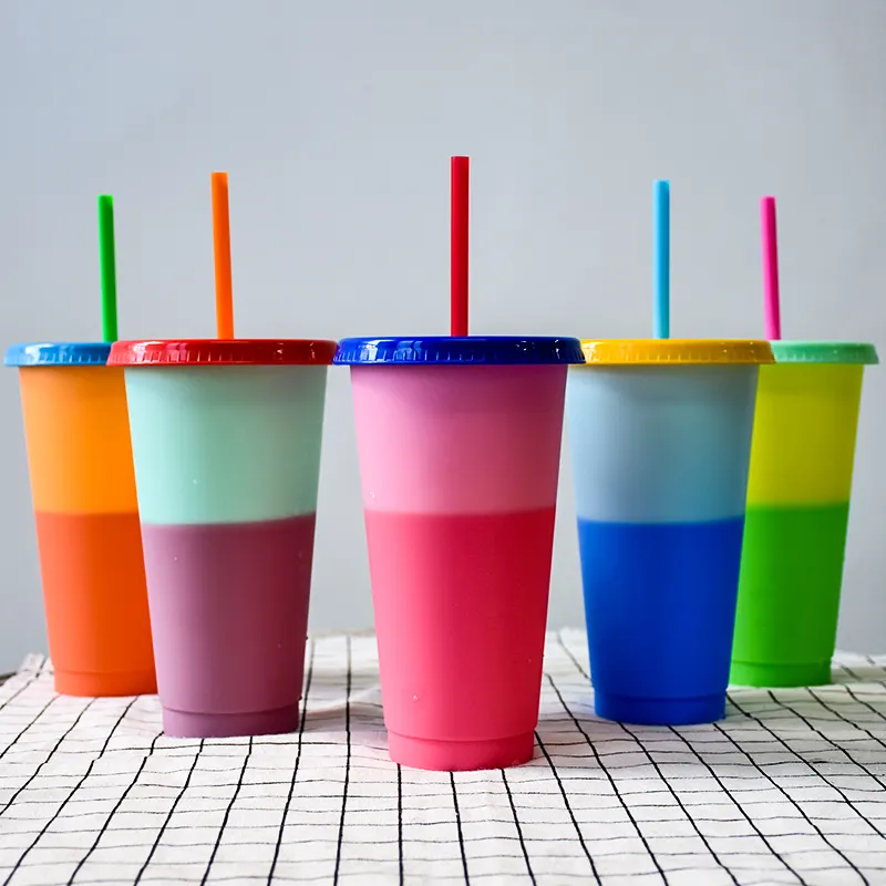 Amazon Hot Koop Herbruikbare Bpa Gratis Custom Print Beschikbaar Plastic Koffie Beker Koud Water Kleur Veranderende Cup Met Deksel En stro