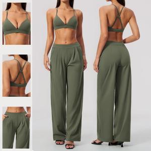 Conjunto de 2 Piezas Verde Oliva para Mujer, Top Deportivo Halter y Pantalones Anchos, Corte Holgado Informal, Transpirable, Tejido de Poliéster, Primavera/Verano - Product Image 1