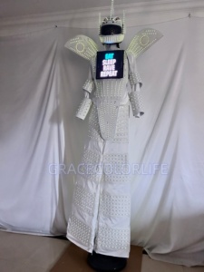 Disfraz de robot LED blanco con zancos, traje de robot LED, ropa con zancos LED, casco LED, conjunto con alas geniales - Product Image 3