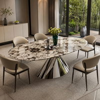 Table à manger ovale en marbre italien avec pieds en métal argenté pour 6 personnes, adaptée aux restaurants, hôtels et villas