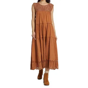 Benutzer definierte Sommer Kurzarm O-Ausschnitt Gemütliche Baumwolle Elegante Häkel Öse Stickerei Midi Casual Loose Leinen Kleid