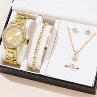 Ensemble 5 Pièces Montre Femme Bague Collier Boucles d'Oreilles Montre-Bracelet Strass Montres Décontractées pour Dames avec Bracelet, Sans Boîte