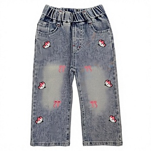 Girls Straight Leg Denim <b>Jeans</b> <b>With</b> Minnie Mouse Embroidery Cute Washed Cotton Pants Mid <b>Waist</b> Full Length Spring Style - Product Image 1