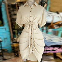 Robe chemise bleu poudré sur mesure OEM, froncée, à taille nouée, simple boutonnage, col, manches courtes, élégante, décontractée pour femme, été