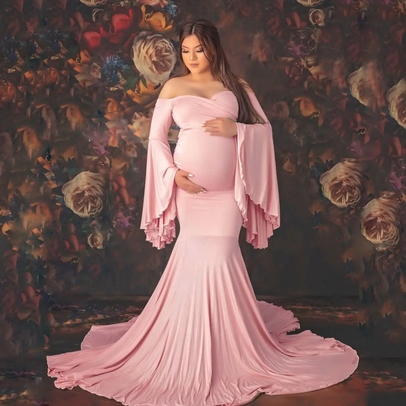 2023 New Pregnant Women's Rüschen ärmel Pullover Kleid Fotografie Kleid