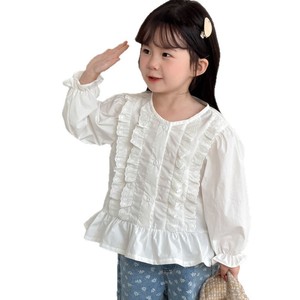 Camicetta dolce in cotone a maniche lunghe con pizzo in stile coreano per bambine, abbigliamento casual primaverile per tutti i giorni - Product Image 5