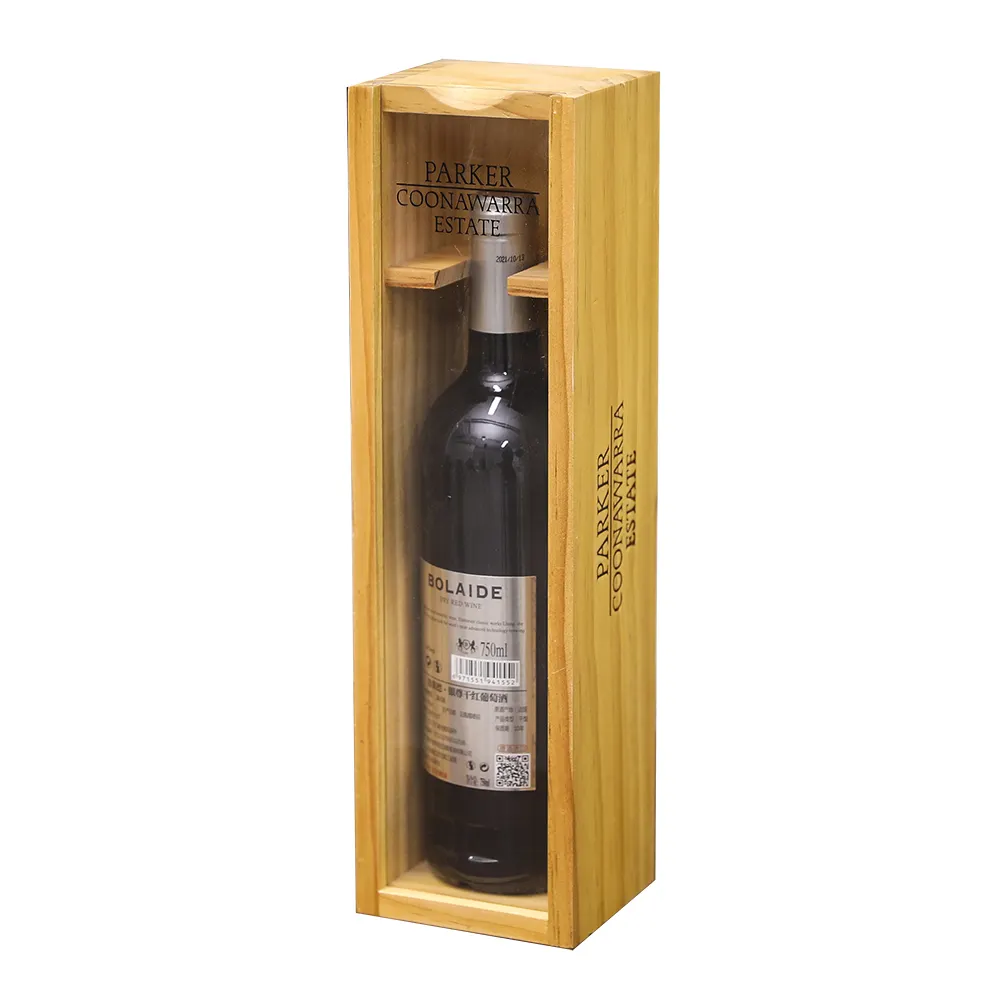 Deluxe akrilik slayt kapak tipi ahşap şarap kutusu hediye dekoratif ahşap tek şarap şişesi kutusu