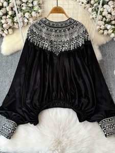 Boutique all'ingrosso autunno nuova moda <span class=keywords><strong>in</strong></span> <span class=keywords><strong>velluto</strong></span> oro paillettes Design <span class=keywords><strong>camicia</strong></span> da <span class=keywords><strong>donna</strong></span> - Product Image 2