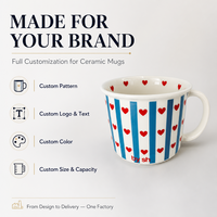Mug en céramique personnalisé OEM ODM avec poignée en forme de cœur, tasse à café en porcelaine, motif et logo personnalisés, mugs de consommation domestique, commande en gros