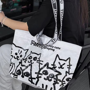 Bolsas de compras tejidas de PP reutilizables ecológicas personalizadas, bolsas de comestibles impermeables de uso diario natural con cierre de hombro - Product Image 5