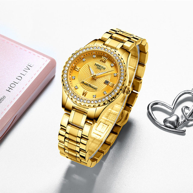 NIBOSI 2357 Luxury Stainless Steel Water Resistant Rose Gold Women's Quartz Watch with Diamond Accents