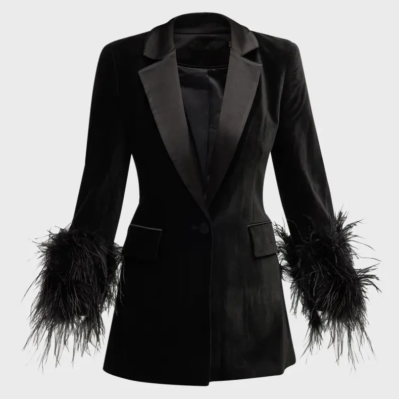Women Ostrich Feather Cuffs Velvet Blazer Notched collar Single Button Front Flap Pockets Ladies Blazers Coat