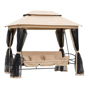 Leisure Outdoor Gazebo Hanging Swing Chair Swing Bed 3-Seat Patio Swing Chair with Double Tier Canopy and Mesh Sidewalls