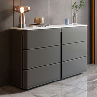Commode de Chambre Moderne en Bois avec Revêtement en Cuir Selle, Dessus en Marbre, 6 Tiroirs, Meuble de Chambre à Coucher