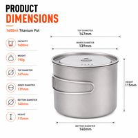 Pot de camping en titane de 1600 ml avec couvercle, pot pliable ultraléger pour la cuisine en plein air, pot en titane pur pour la randonnée et le bushcraft
