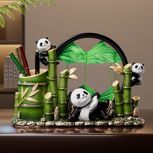 Lindo Portalápices de Panda, Organizador de Escritorio de Bambú con Pintura de Arena, Decoración de Oficina de Estilo Chino, Regalo - Product Image 2