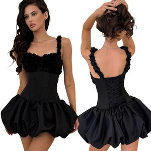 Vestido Elegante de Fiesta, Sin Mangas, Corto, Ecológico, Tejido, Corte en A, con Peplum Floral 3D, Cintura Definida, Color Sólido de Verano - Product Image 1