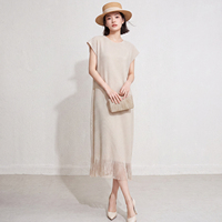 Robe plissée Miyake en gros pour femme, sans manches, ourlet à franges, longueur midi, très extensible, taille unique, boutique