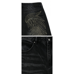 Jean droit taille mi-haute en denim, longueur genou, en tissu denim lavable et anti-décoloration, avec broderie aile au dos - Product Image 5