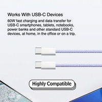 Kabel Pengisian Cepat 60W USB C ke USB C, Tahan Aus, Bebas Kusut, Transfer Data, Multiwarna