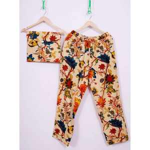 Conjunto de Pijama de 2 Piezas de Satén con Estampado Étnico Otoñal de Diseño Moderno, Cintura Elástica, Cuello Redondo, Mangas Largas, 100% Algodón - Product Image 2