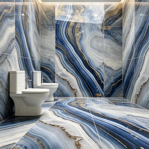 Carrelage mural et de sol en porcelaine moderne 600x1200mm, finition brillante, motif vague océanique, agate bleue avec veines dorées, pour hôtel, villa, hall - Product Image 4