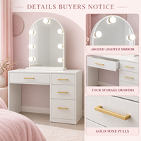 Bureau de maquillage en MDF blanc avec miroir lumineux arqué, 4 tiroirs et poignées dorées, couleurs personnalisables