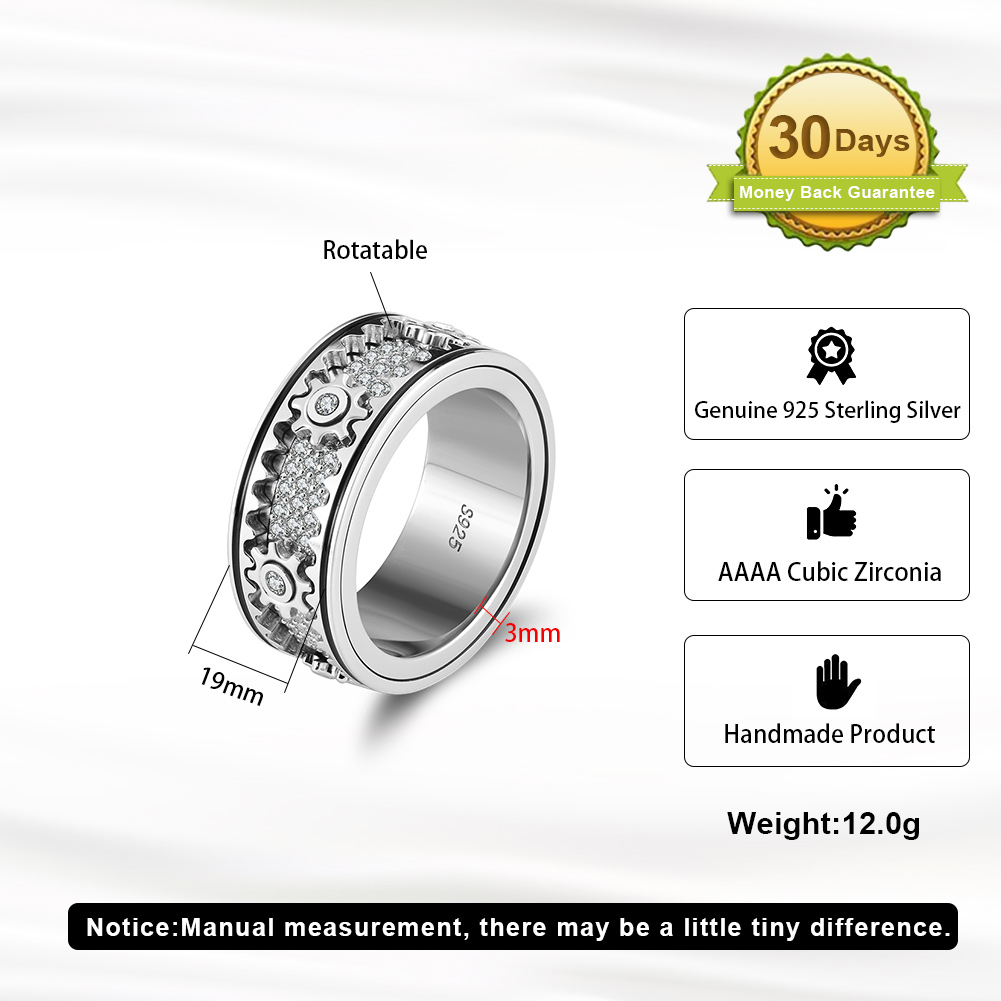 NMR14 925 Sterling Silver Zirconia Cogwheel Fidget Ring
