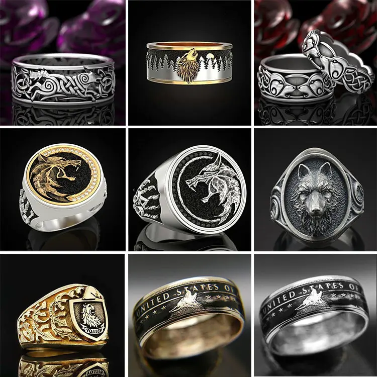 Factory direct sales custom high quality domineering wolf head hipster men's ring series retro old temperament ring