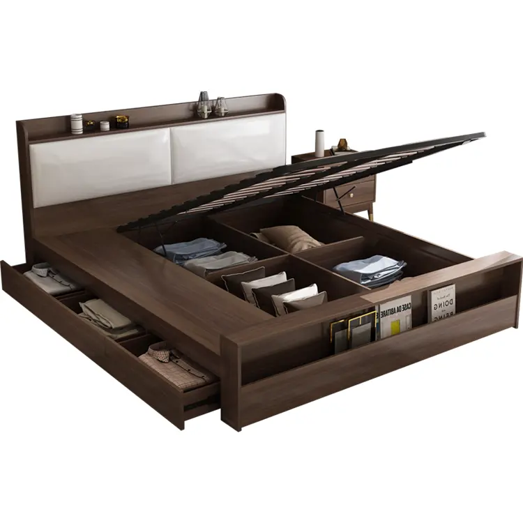 سرير مزدوج لتخزين أثاث غرف النوم, سرير مزدوج مزود بوصلة USB وأدراج من القماش واللوح الأمامي سرير خشبي