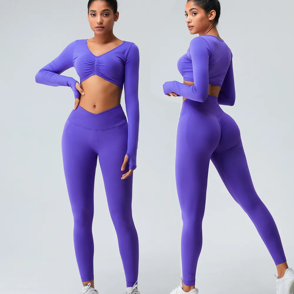 Dames Workout Activewear Sport Lange Mouwen V-Hals Crop Tops Hoge Taille Fitness Broek Atletische Kleding 2 Stuks Yoga Sets