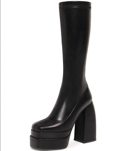 Bottes à talon haut épais personnalisées <span class=keywords><strong>pour</strong></span> l'hiver, grande taille, bout pointu, classique, noire, plateforme en PU élastique, mi-<span class=keywords><strong>mollet</strong></span> - Product Image 5