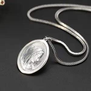 银本新圣母玛利亚肖像硬币925纯银圆形吊坠项链