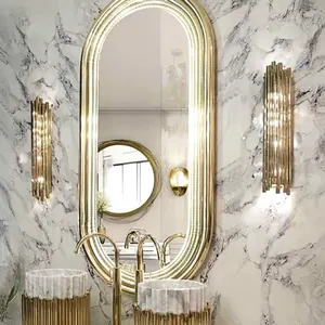 Customized fancy modern designer hotel illuminated luxury gold wall bathroom mirror with led light