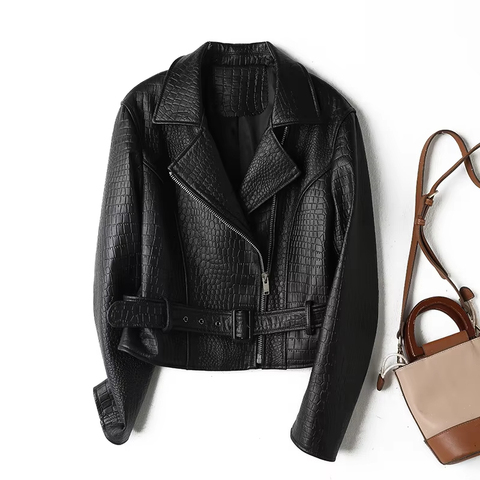3206 Custom Street Style Luxury Design Crocodile Grain Zipper Loose Black Motorcycle Leather Jacket