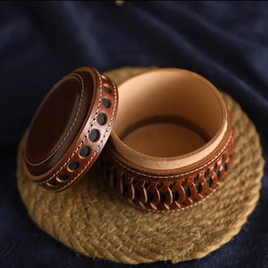 Organisateur de bijoux rond en cuir véritable, fait main, en cuir de vachette tanné végétal, OEM, boîte de rangement de bureau pour bibelots - Product Image 2