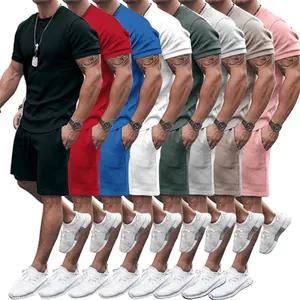 OEM उच्च गुणवत्ता वाले पुरुषों की लघु आस्तीन गर्मियों खेल tracksuit समुद्र तट पहनने लघु सेट टी शर्ट शॉर्ट्स के साथ जुड़वां सेट