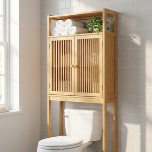Meuble <span class=keywords><strong>de</strong></span> rangement en bambou pour salle <span class=keywords><strong>de</strong></span> bain, à placer au-dessus des toilettes, gain <span class=keywords><strong>de</strong></span> place, avec portes à lattes et étagère ouverte - Product Image 2