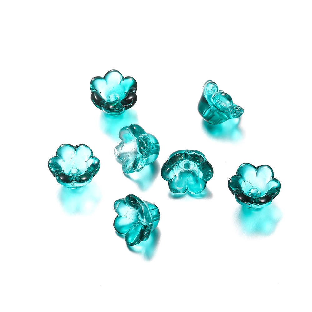 Glass flower beads - transparent blue-green