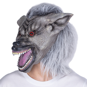 Maschera in lattice divertente <span class=keywords><strong>a</strong></span> tema Goofy, integrale, grigia con texture effetto invecchiato, pelliccia spessa grigia, occhi rossi brillanti, teschioli affilati, bocca aperta, morbida, per feste - Product Image 3