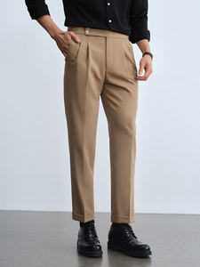 Итальянские деловые брюки цвета хаки из Неаполя, не требующие глажки, с пряжкой в стиле Париж, формальные, с черным подолом - Product Image 1