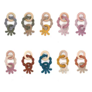 BPA Free Cartoon Octopus Pendant 3 Packs Teething Wood Ring Baby Rattle Toys Nursing Baby Silicone Teether Toy Ring
