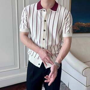 Men's Knit Striped Polo Collar Neck <strong>Shirt</strong> Sweater Striped Short-sleeved Polos Knitted Button up Knitted <strong>Shirt</strong> for Men - Product Image 4