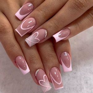 24 Faux Ongles Carrés Rouge Rose - Motif Petit Cœur - Court - Colle Incluse - Neuf