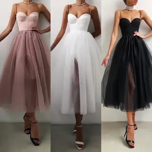European and american women's clothing french retro pure color mesh dress2021New Hepburn style long dress suspender skirt