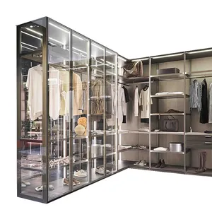 豪华l形定制步入式衣柜金属框架玻璃门卧室储物衣柜