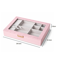 Boîte à bijoux rectangulaire en cuir PU rose, élégante, avec couvercle en verre transparent, multi-compartiments, organiseur de rangement pour bijoux floqué, bagues, boucles d'oreilles